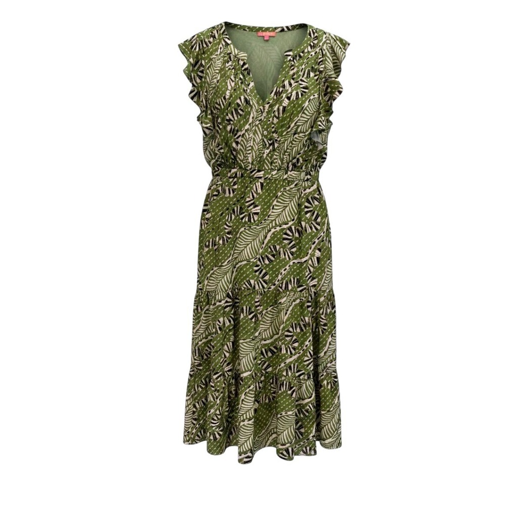 THML Midi Dress Womens Large Green Tropical Leaf Ruffle Sleeve Excellent Pocket